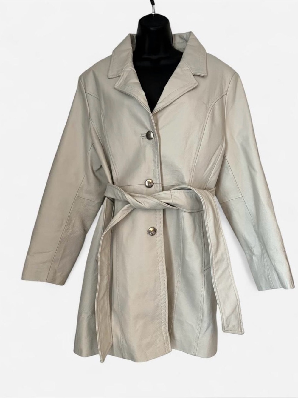 metrostyle Cream Leather Belted Trench Coat